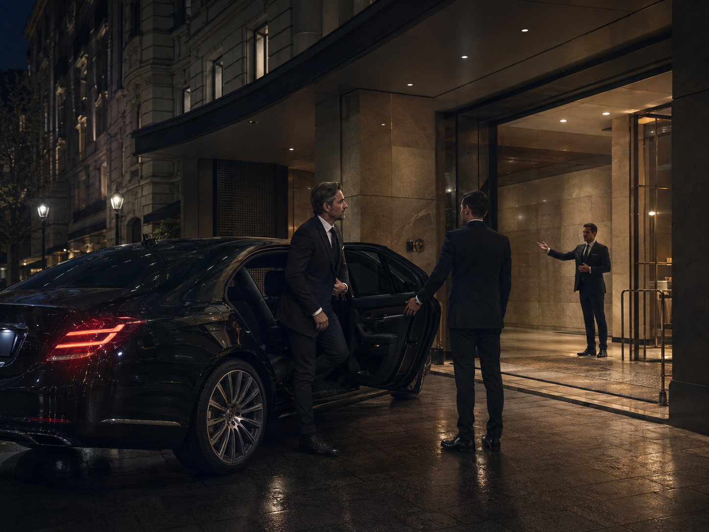 Chauffeur receiving an executive guest outside a luxury hotel