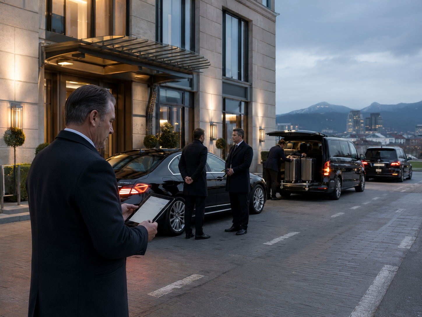 Senior operations lead coordinating vehicles and guest movements outside an international hotel
